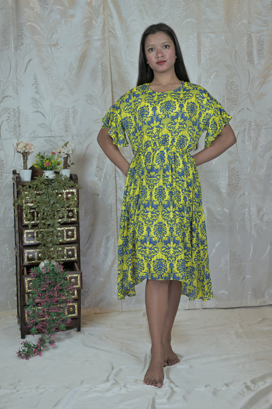 Yellow & Blue Floral Flare Dress