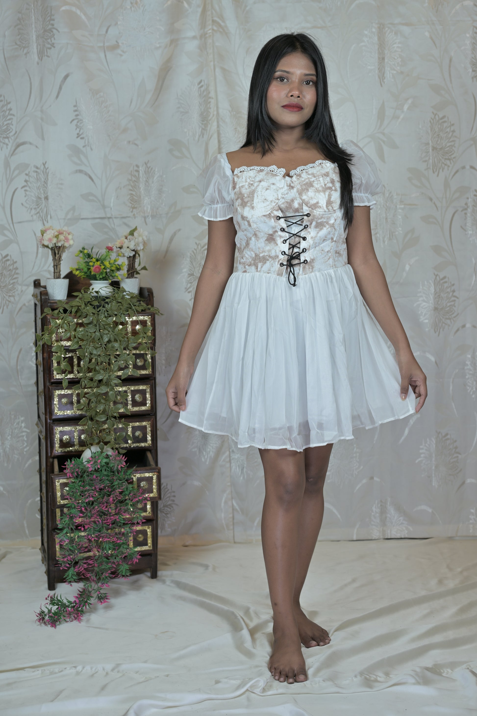 delicate lace dress white Vessia Lace Sleeve Mini Dress White | Dresses main image 0
