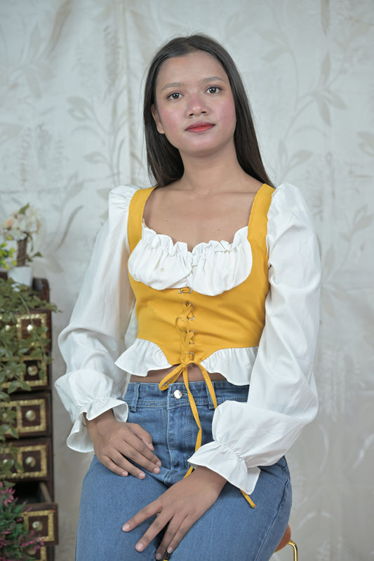 Mustard Corset-Style Ruffle Top