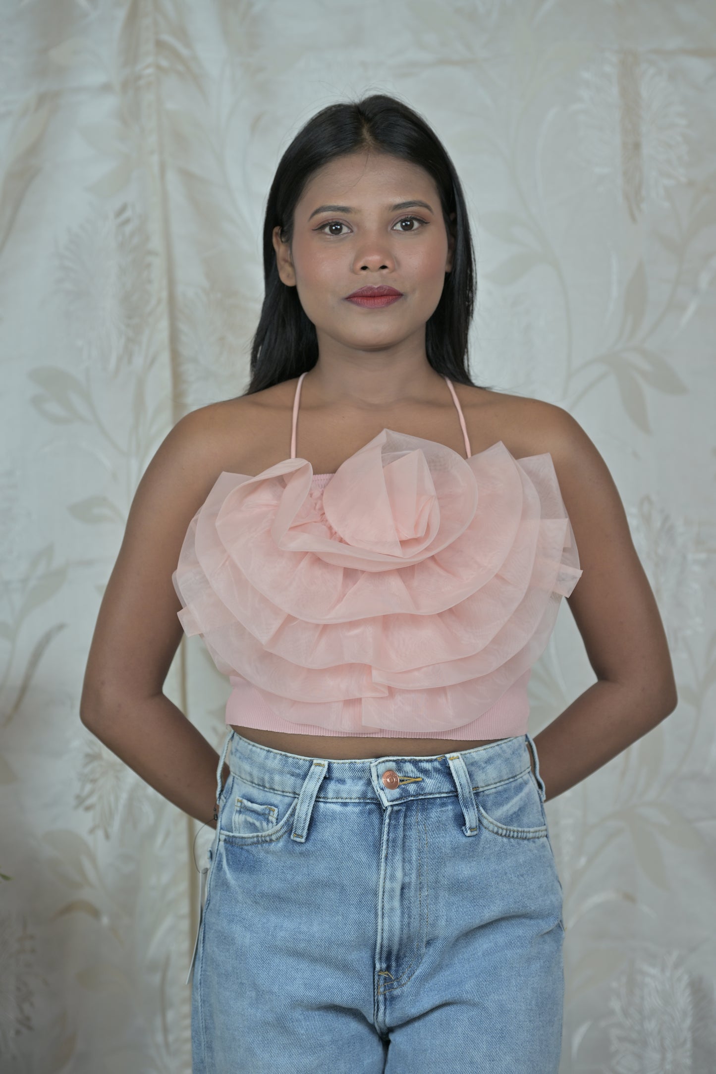 Blush Pink Ruffle Halter Crop Top