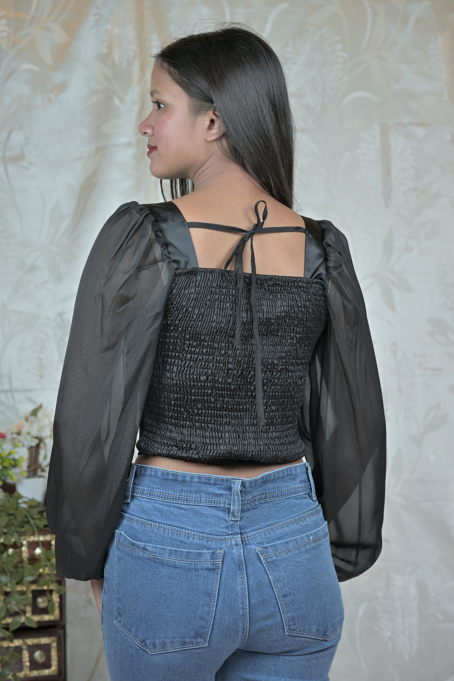 Satin Corset Top with Sheer Sleeves