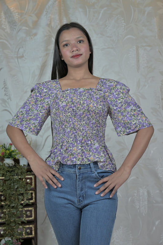 Blue Floral Smocked Top