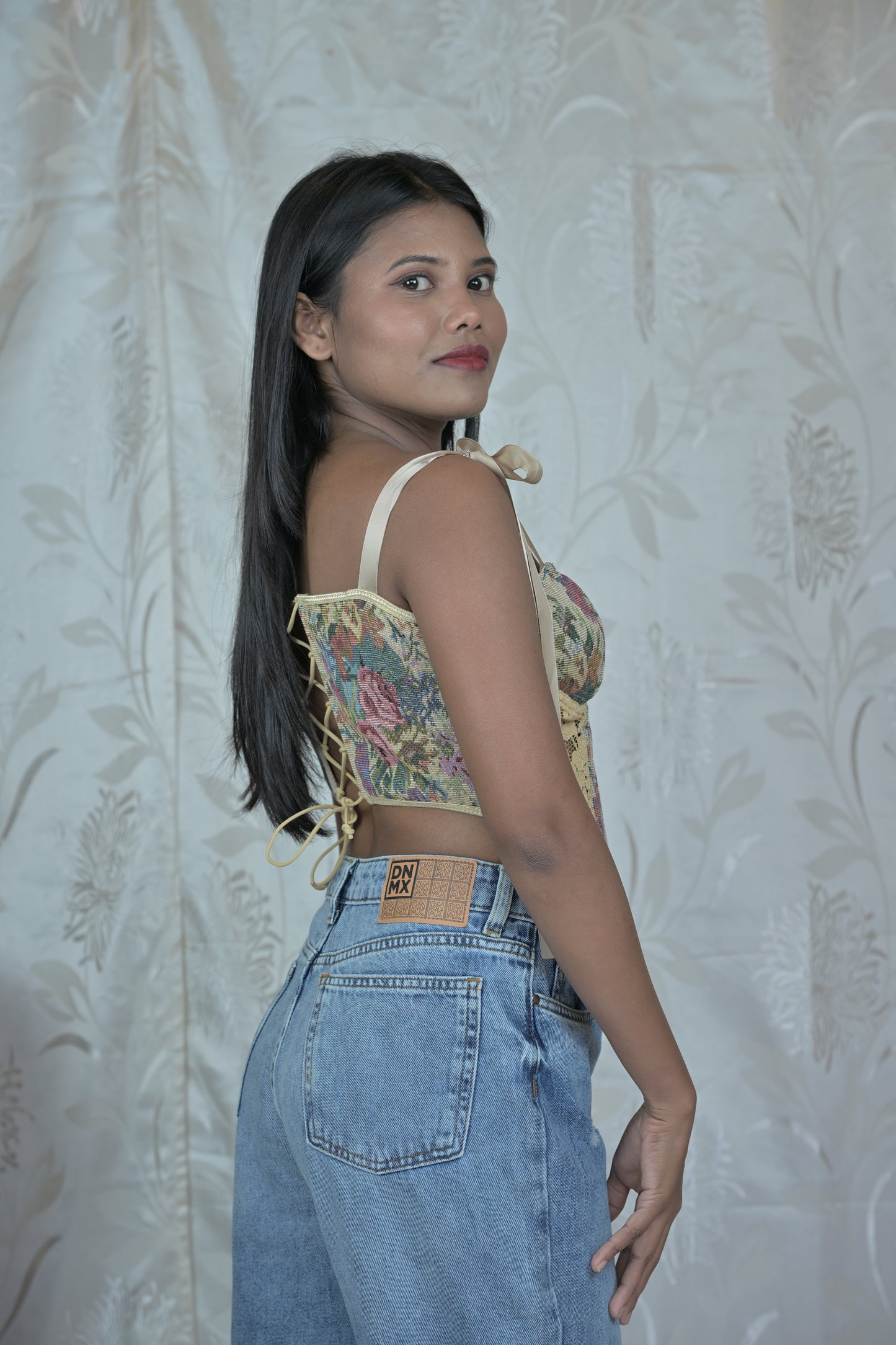 Floral Tapestry Tie-Up Corset Top