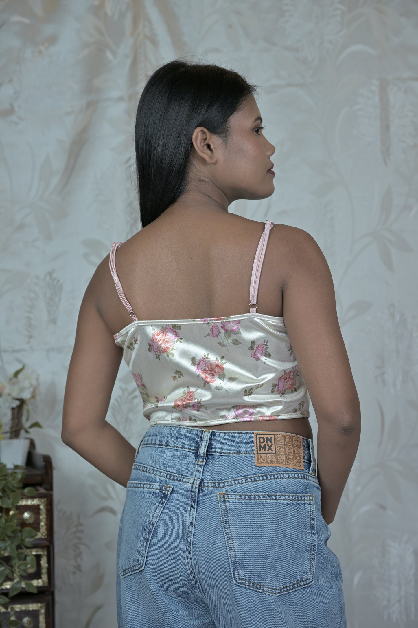 Floral Satin Corset Top with Delicate Trim