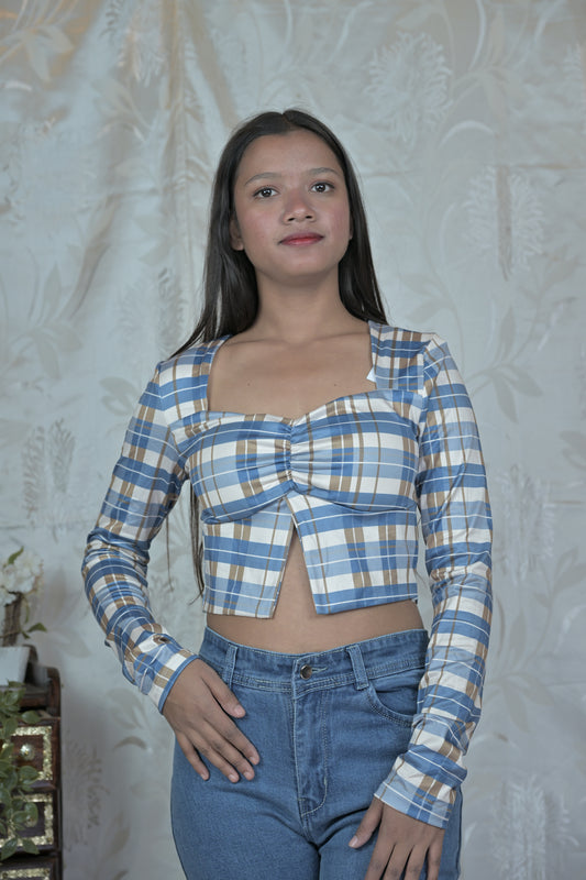 Checkered Ruched Front Crop Tops