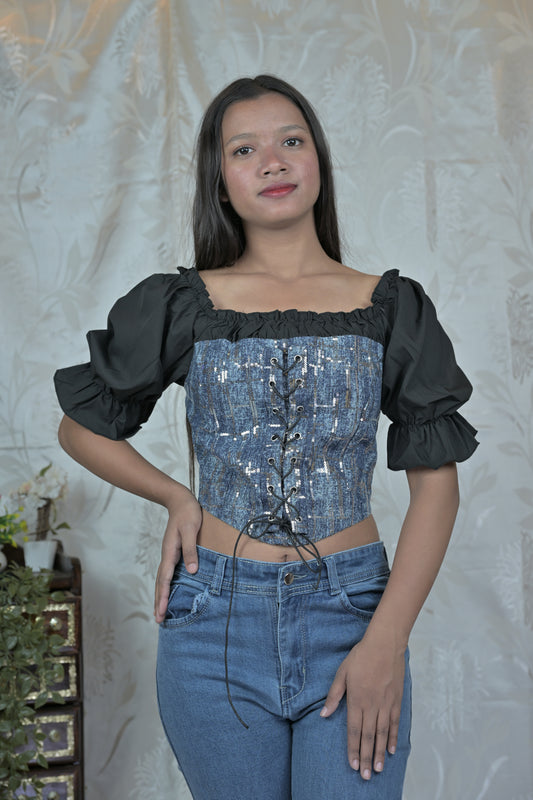 Denim & Black Corset Top with Tie Detail