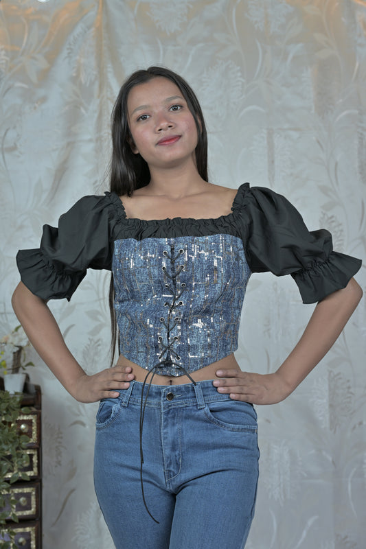 Denim & Black Corset Top with Tie Detail
