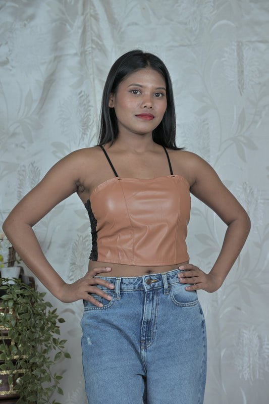 Women Brown Faux Leather Corset Crop Top with Lace Back Detail