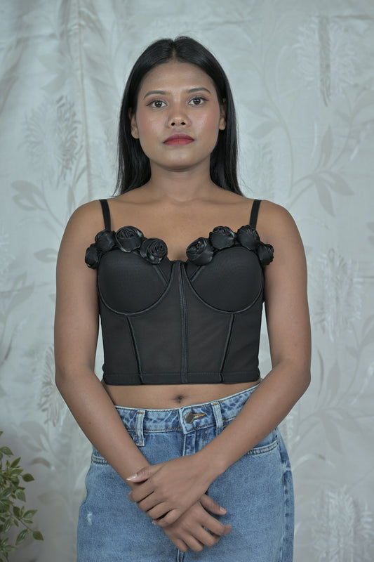 Women Black Mesh Corset Crop Top with 3D Rose Appliqué