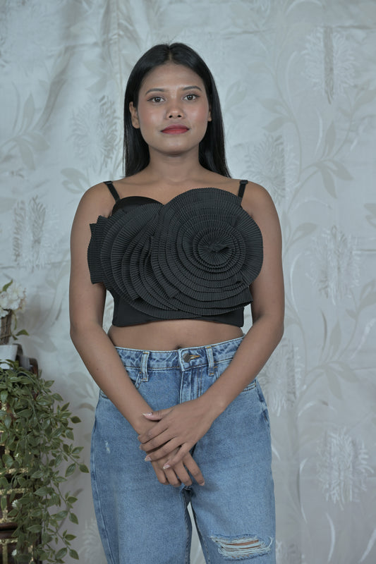 Black Structured Pleated Crop Top