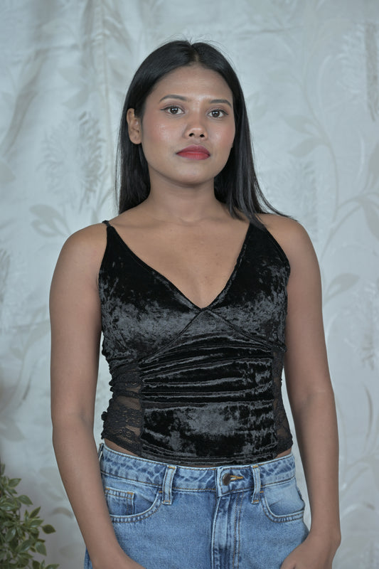 Black Velvet Lace Detail Cami Top