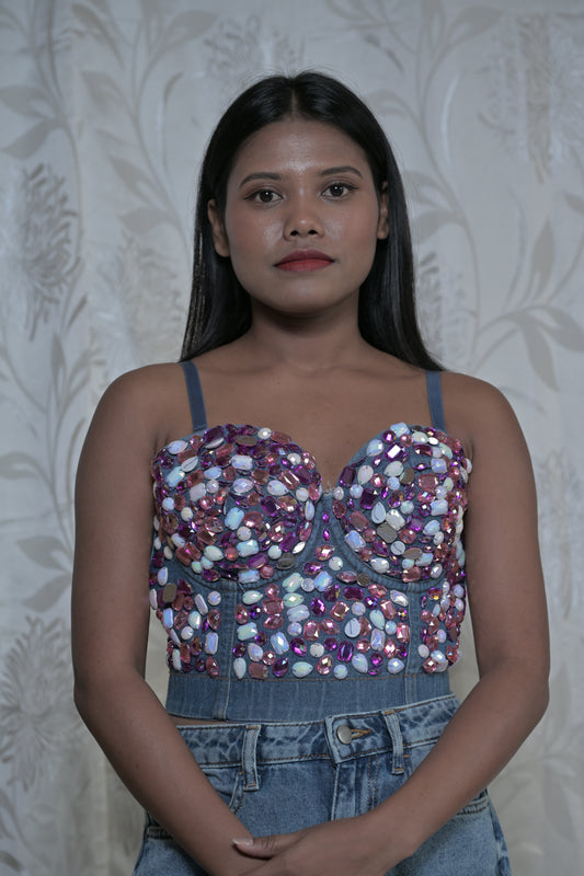 Embellished Denim Corset Top with Multicolor Gem Detailing
