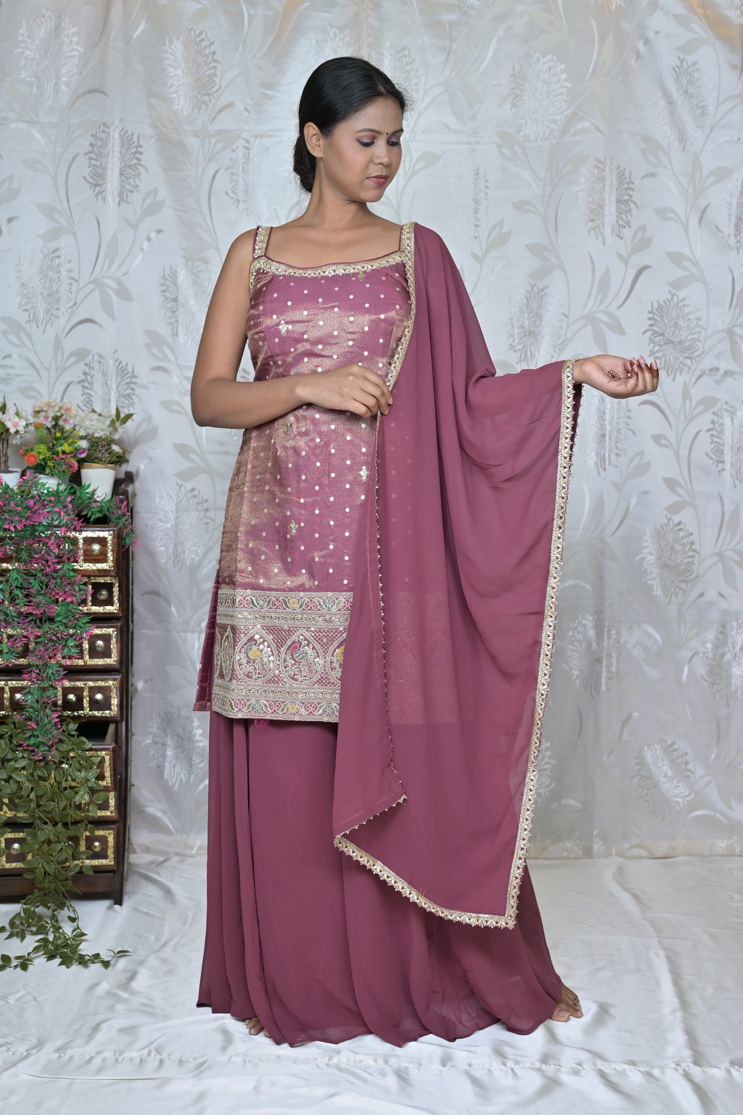 Banarasi Style Indo-Western Set with Divider Pants & Dupatta