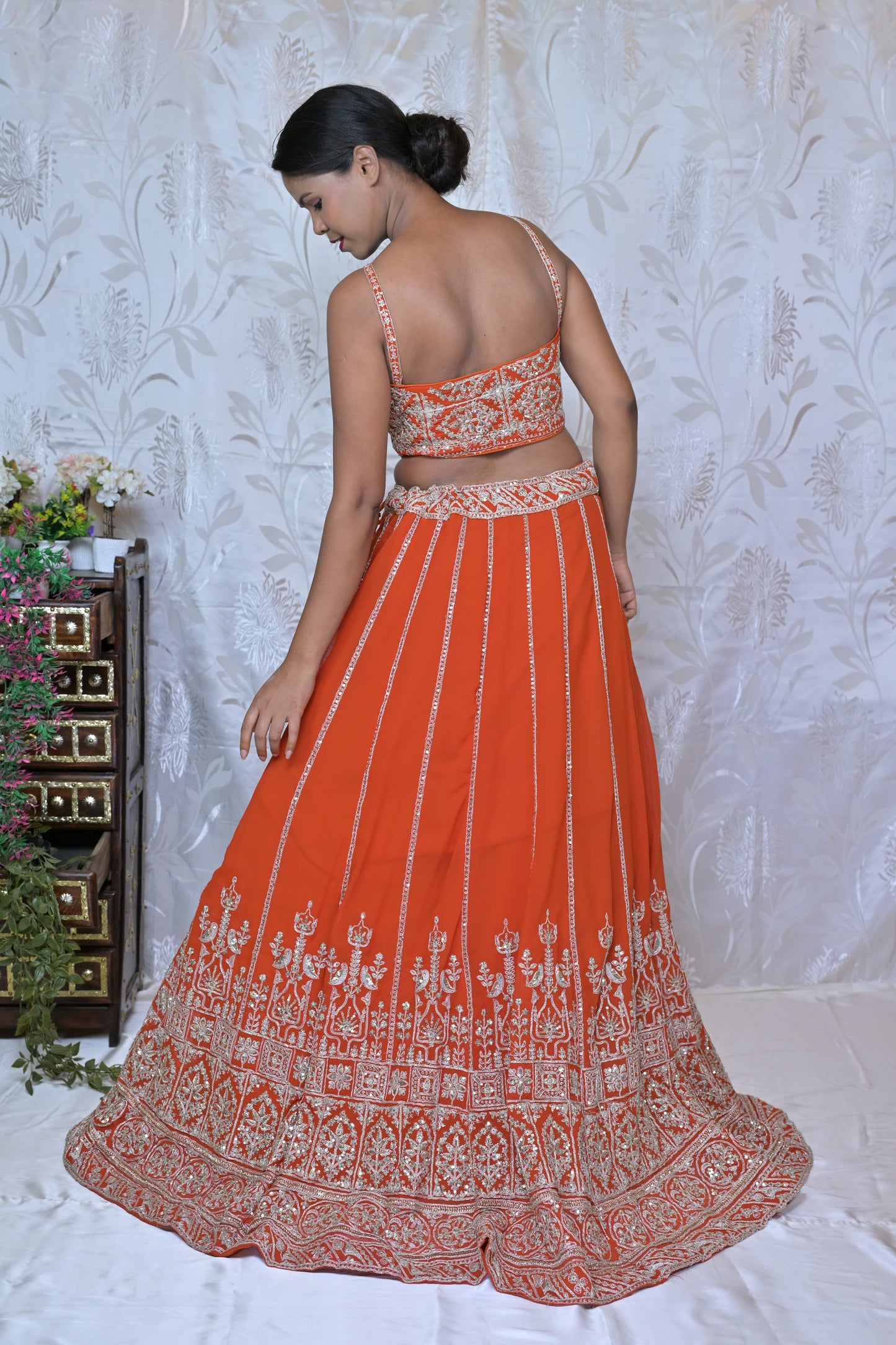 Orange Embroidered Lehenga Set with Jacket