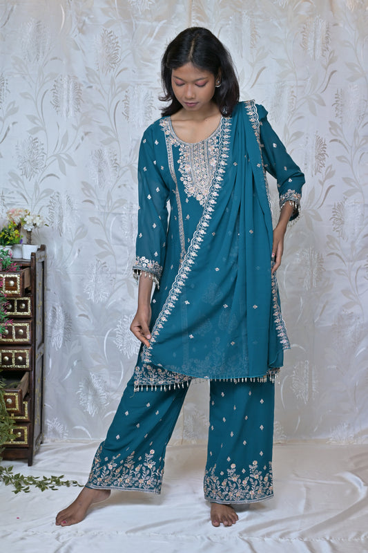 Exquisite Embroidered Georgette Party Wear Suit Set with Palazzos & Dupatta