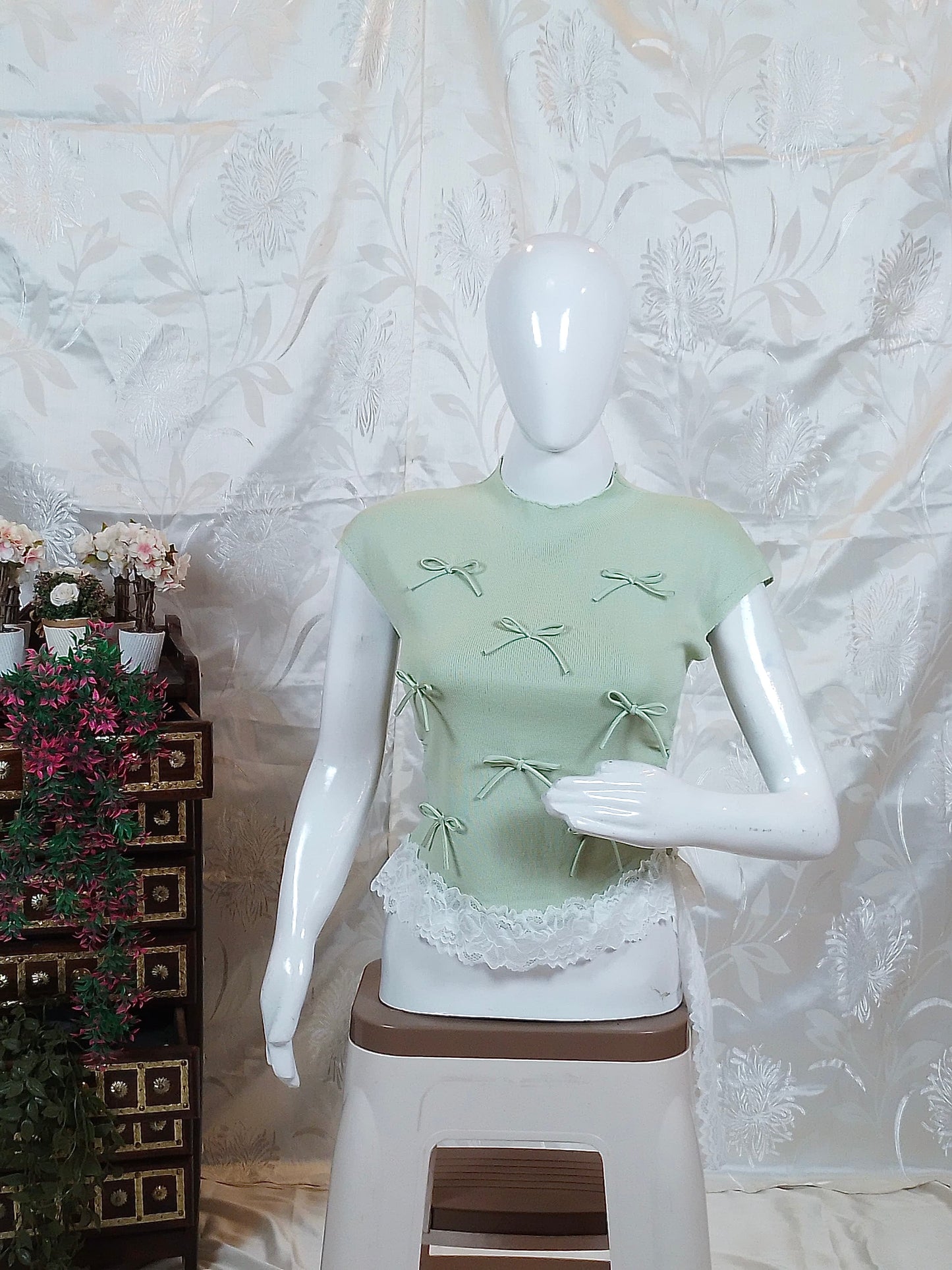 Women Ribbed Top with Bow Details & Lace Trim