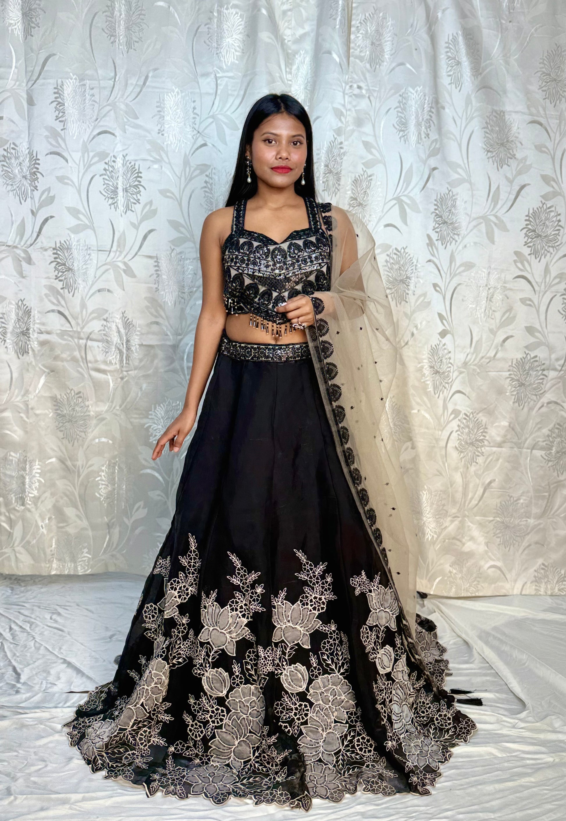 Black Heavy Floral Cutwork Lehenga with Corset Top