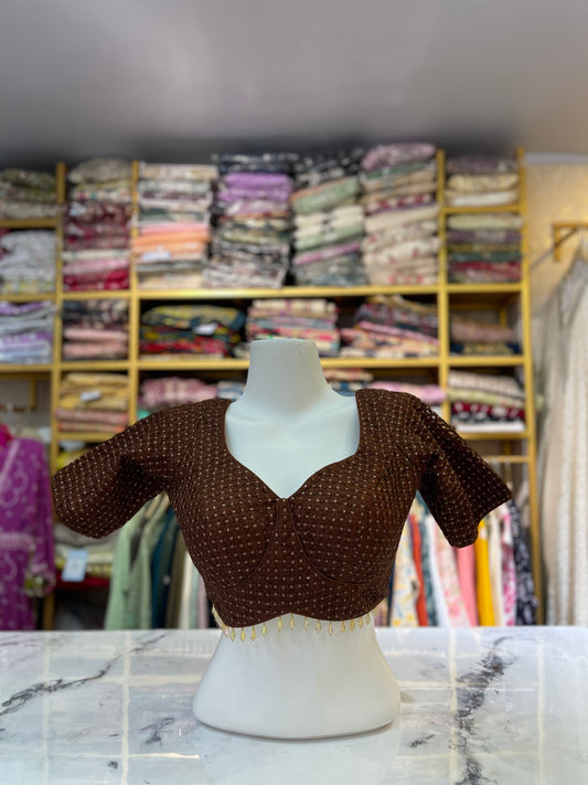Chocolate Brown Blouse with Gold Dot Embroidery and Dangling Trim