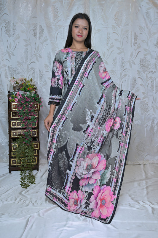 Abstract Floral Muslin Straight Kurta Set
