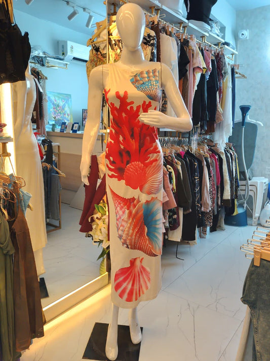 Deep Sea Coral Print Sleeveless Sheath Dress
