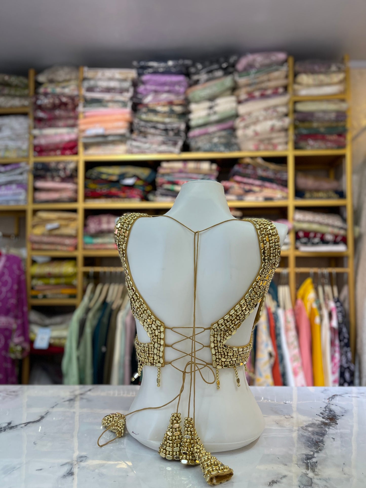 Heavily Beaded V-Neck Blouse with Lace-Up Back