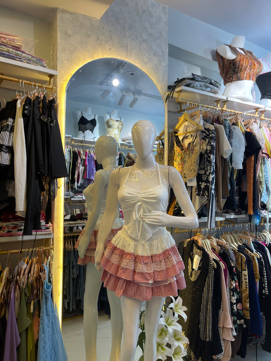 Frill Doll Halter Top & Plaid Mini Set