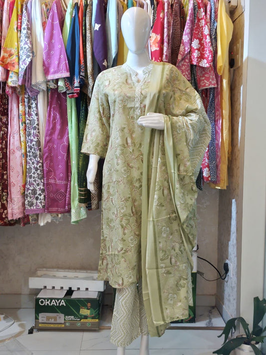 Sage Meadow" Embroidered Cotton Suit with printed pant