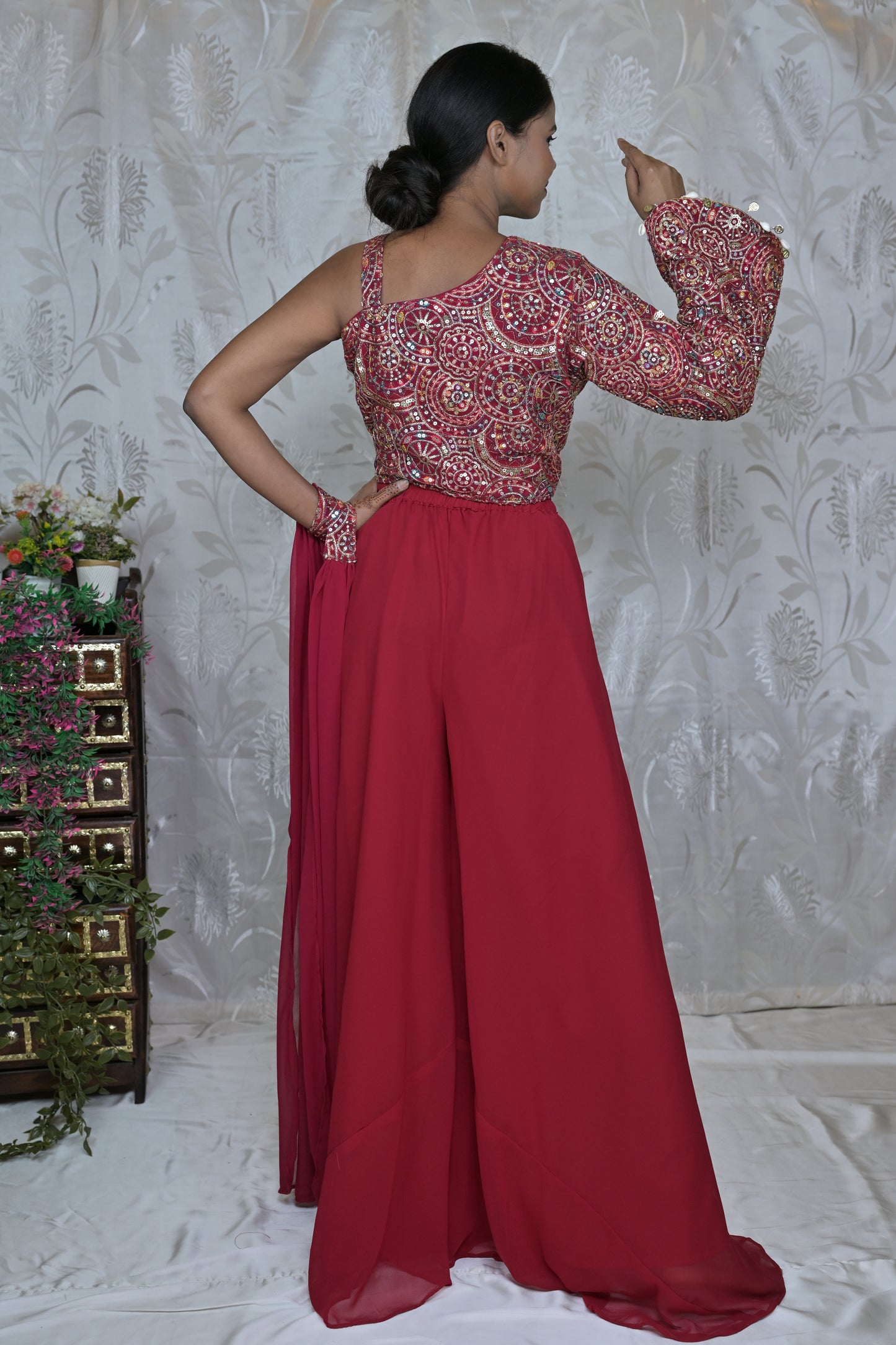 One-Sleeve Red Palazzo Set