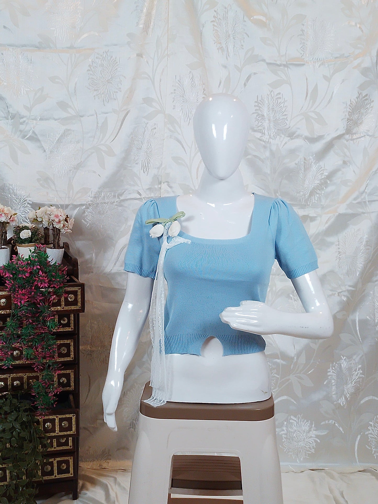 Ribbed Square Neck Top with Lace & Ribbon Detail