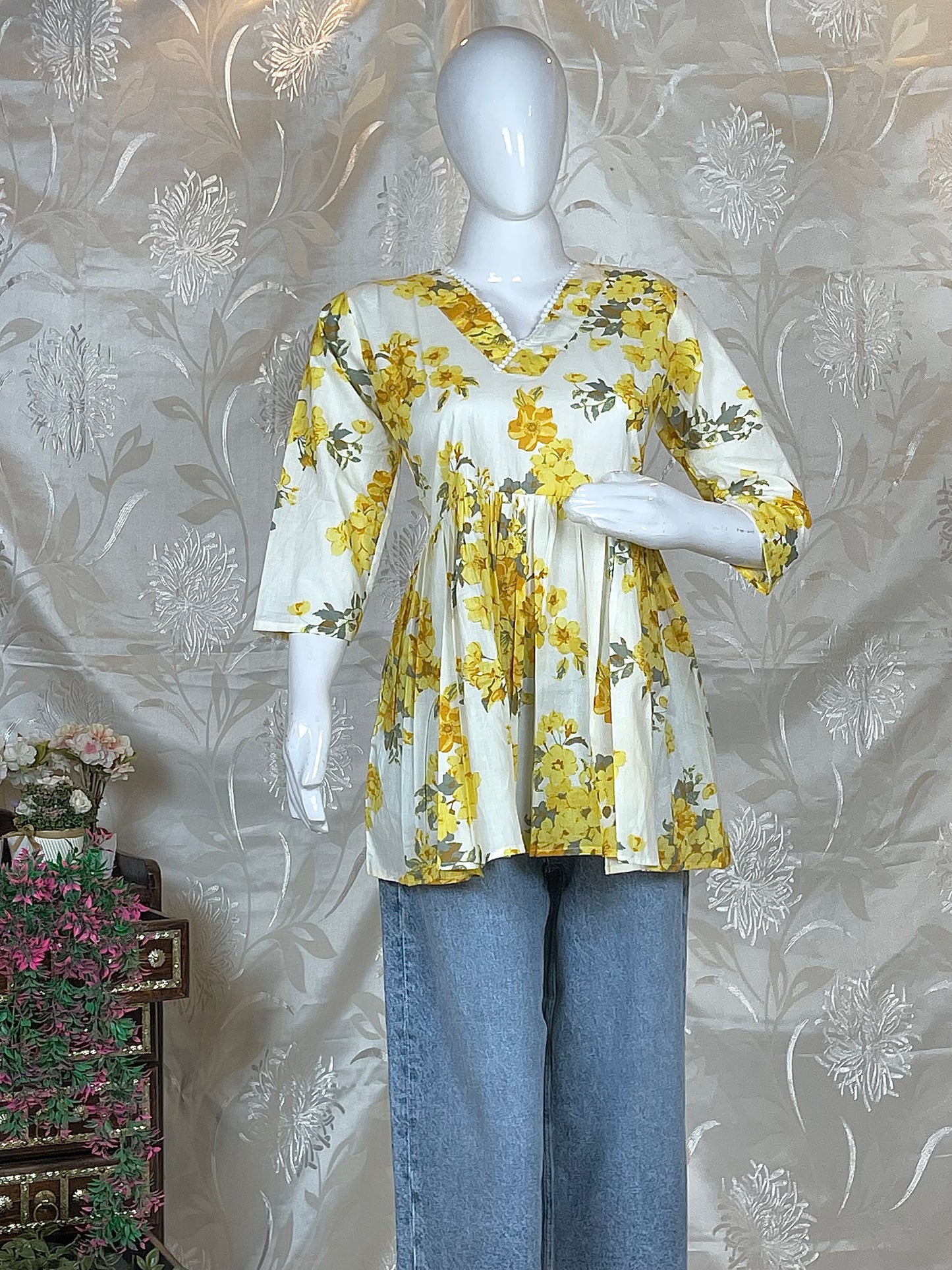 Women Blue & yellow Floral Printed  Cotton Frock-Style Kurti