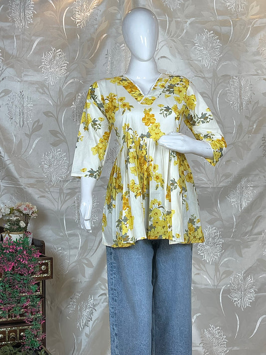 Women Blue & yellow Floral Printed  Cotton Frock-Style Kurti
