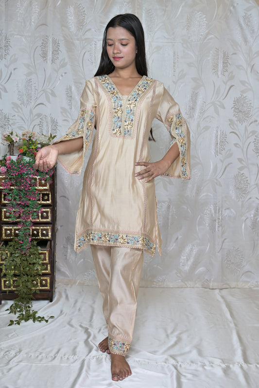 Elegant Beige Floral Suit Set with Printed Dupatta