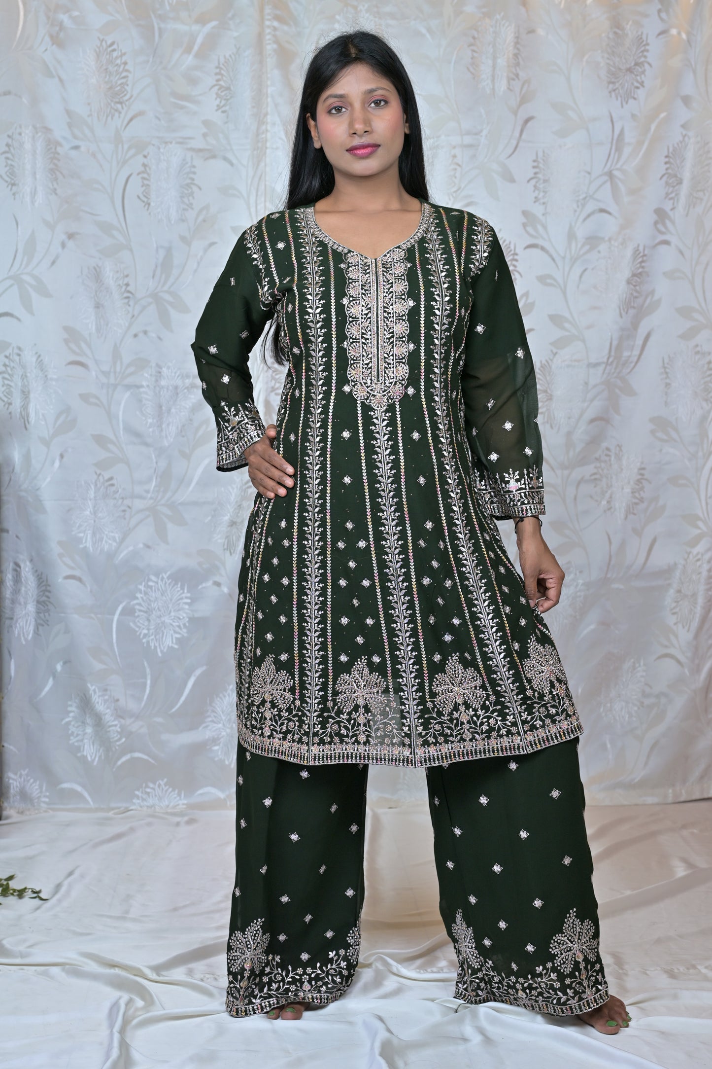 Shimmering Silver Georgette Heavy Suit Set