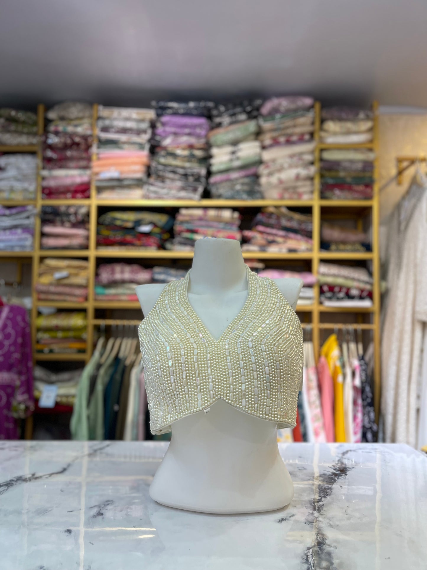 Cream/Off-White Beaded Halter Blouse