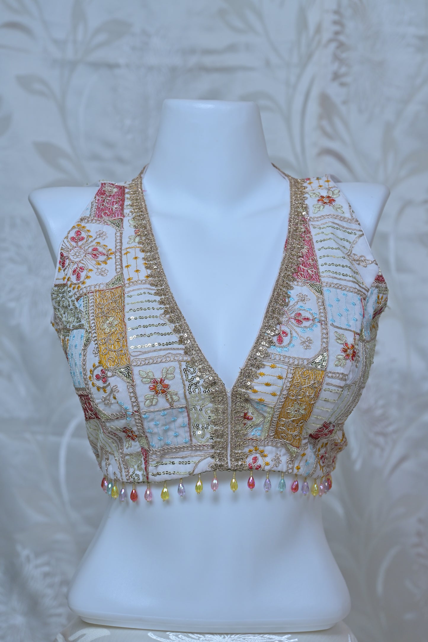 Heavy Gold Embroidered Sleeveless V-Neck Blouse
