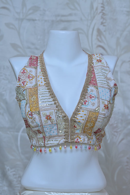 Heavy Gold Embroidered Sleeveless V-Neck Blouse