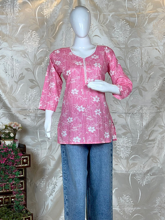 Women Blue & pink & purple Floral Printed Full-Sleeve Short Kurti