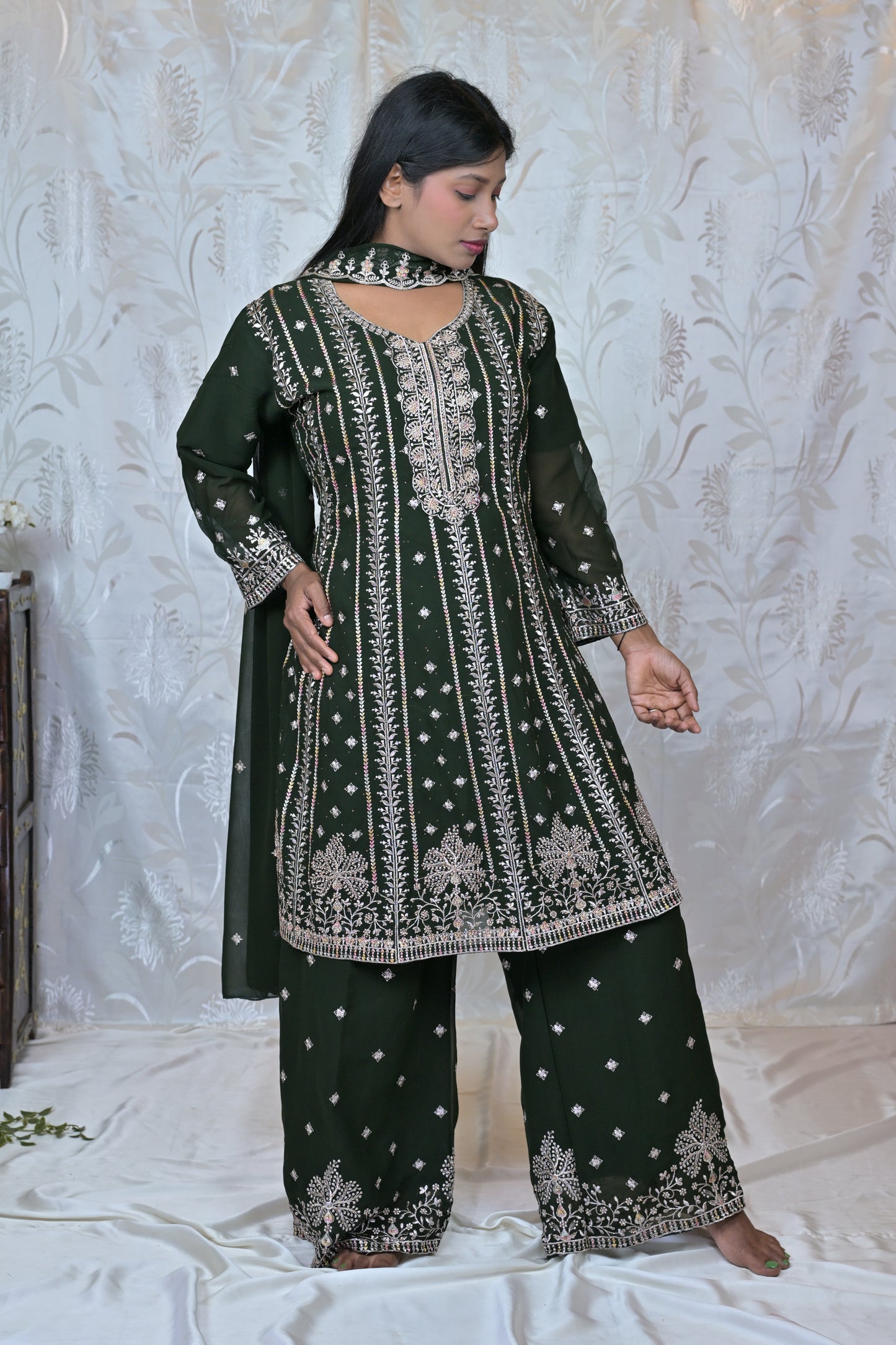 Shimmering Silver Georgette Heavy Suit Set