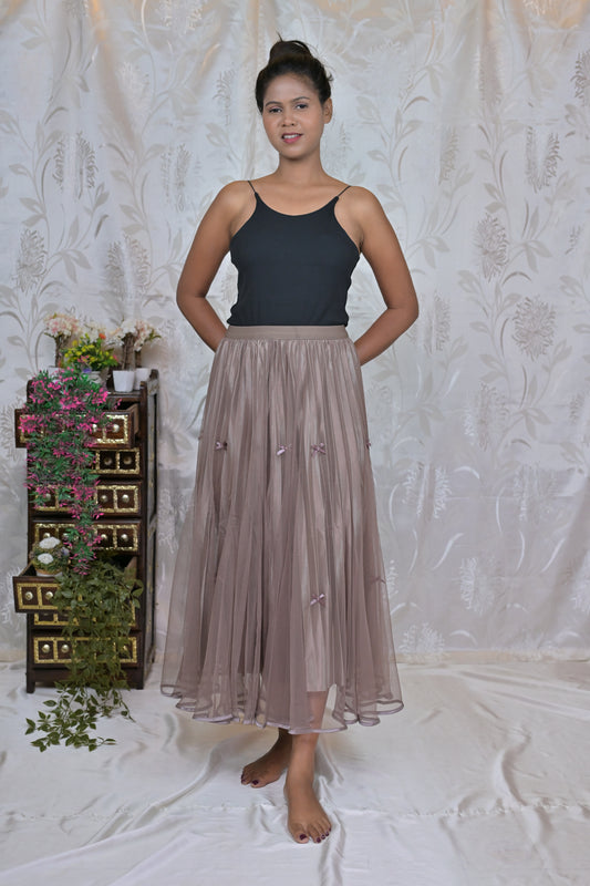 Women's Mesh Pleated A-Line Midi Skirt with Bow Details