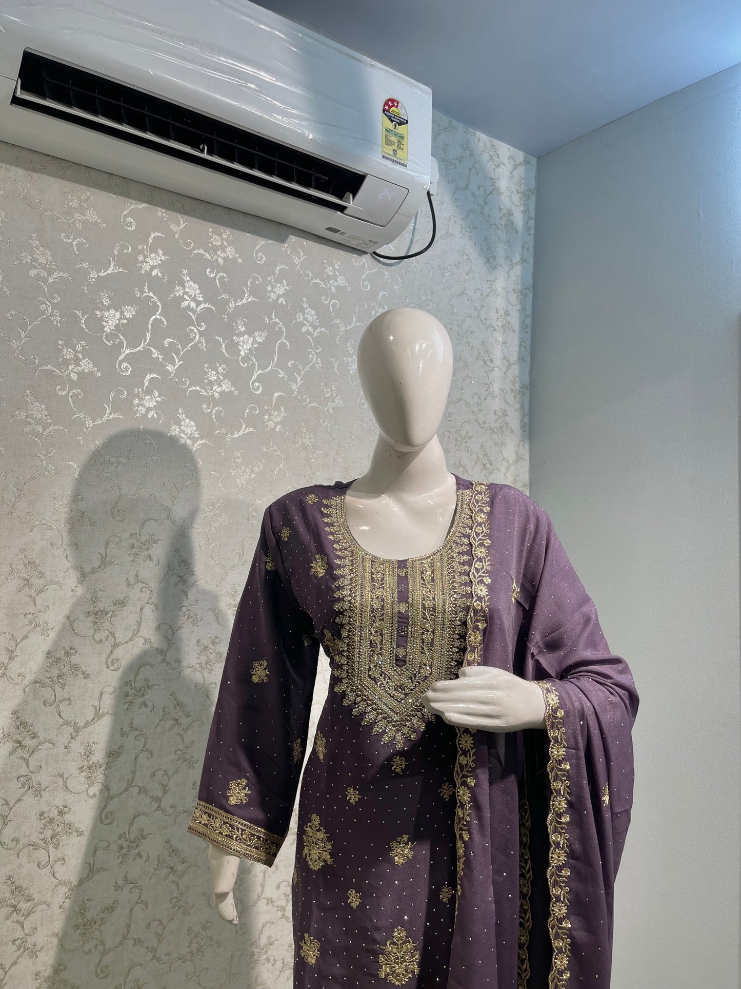 Silk Straight Kurta Set with Intricate Zari & Stone Embroidered Neckline
