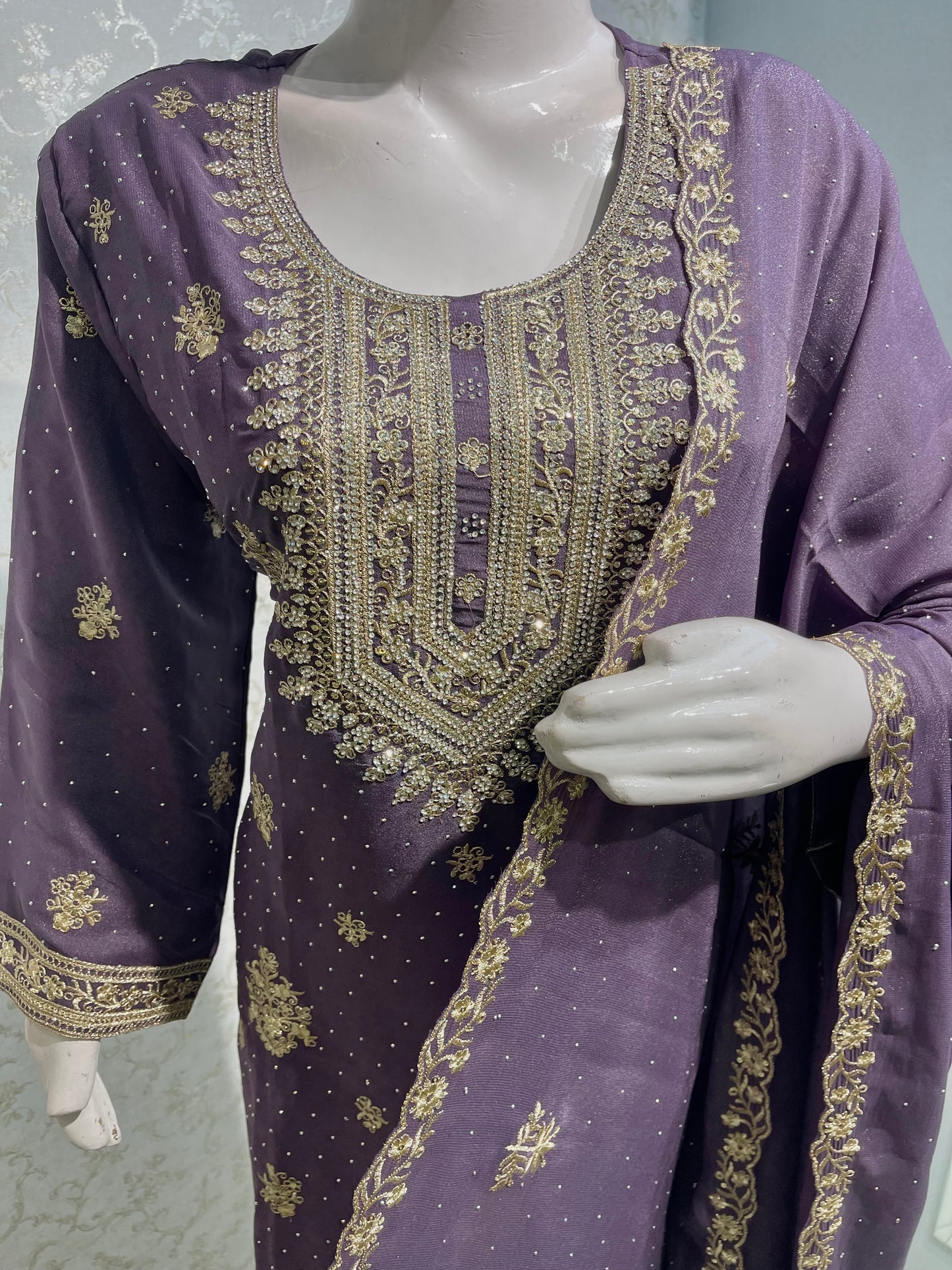 Silk Straight Kurta Set with Intricate Zari & Stone Embroidered Neckline