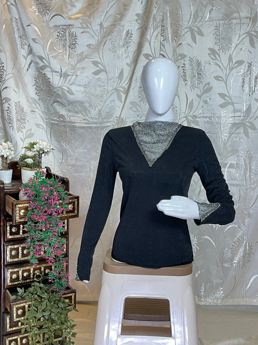 Black Embellished V-Neck Long Sleeve Top