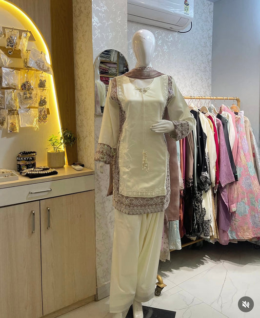 Off-White & Slate Blue Embroidered Farsi Kurta Set with Chiffon Dupatta