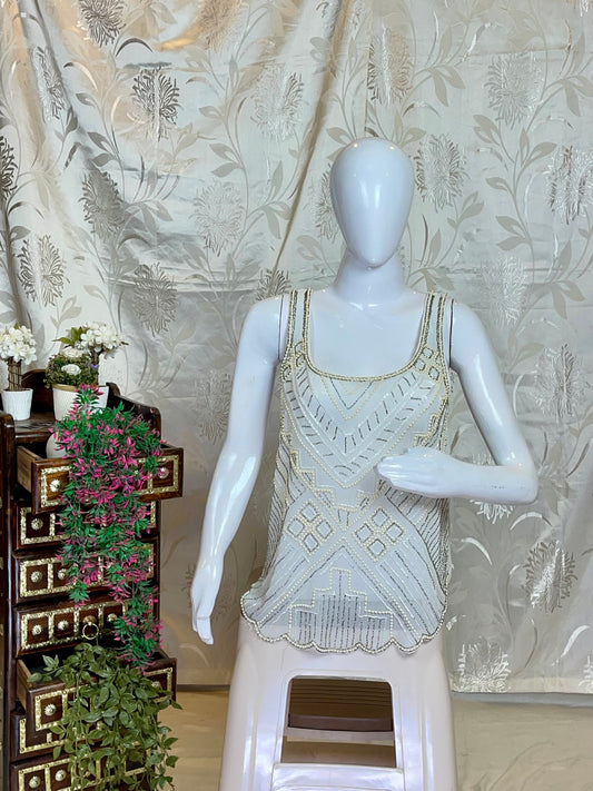 White Beaded Y2K Flapper-Style Sleeveless Top