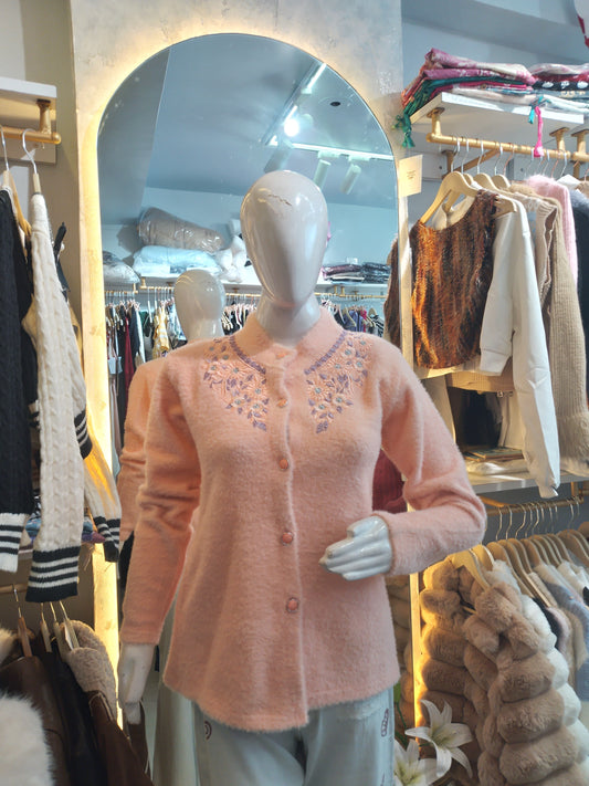 "Apricot Dream" Embroidered Fuzzy Cardigan