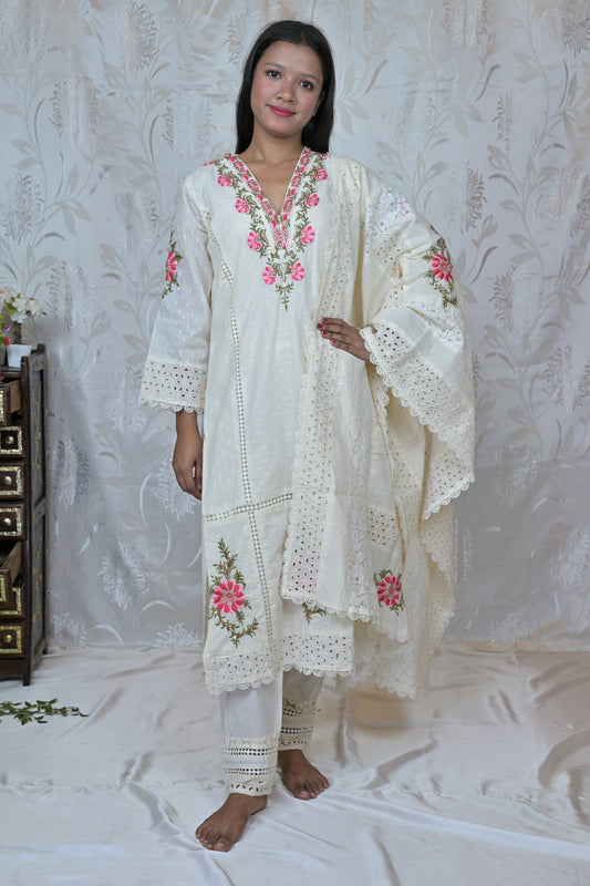 Delicate Floral & Cutwork White Suit
