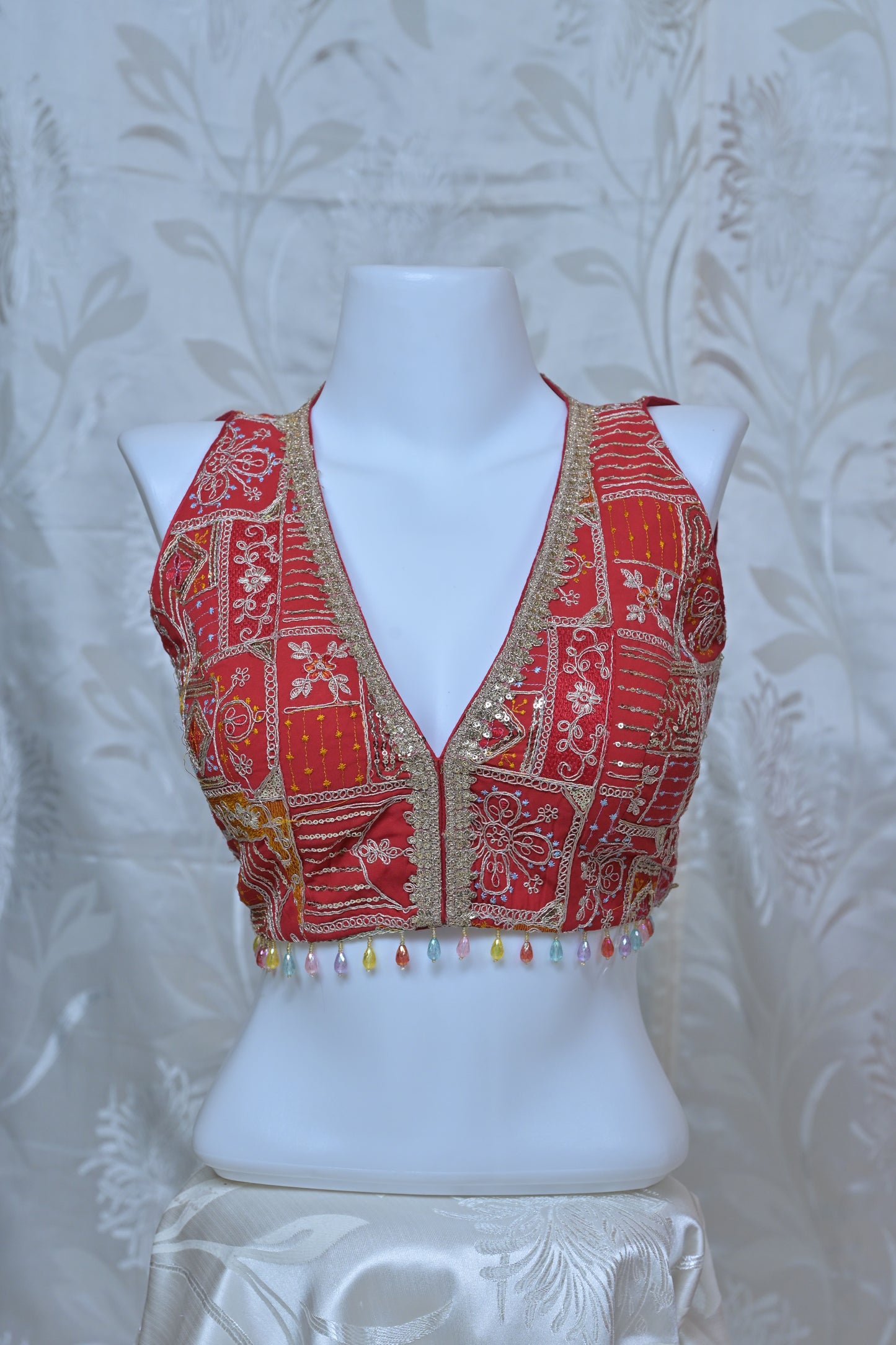 Heavy Gold Embroidered Sleeveless V-Neck Blouse