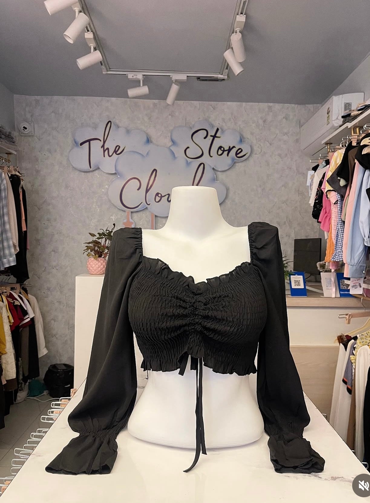 Black Ruched Smocked Crop Top with Bishop Sleeves