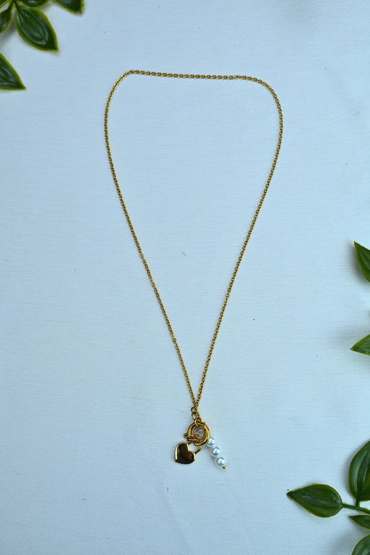 Golden Heart & Pearl Cluster Necklace