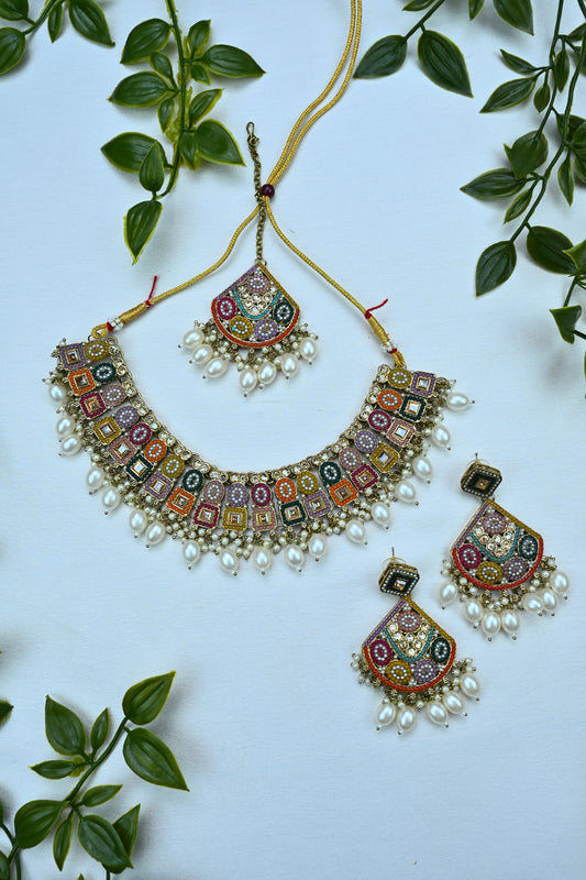 Boho Multicolor Enamel & Pearl Necklace Set with Earrings & Maang Tikka